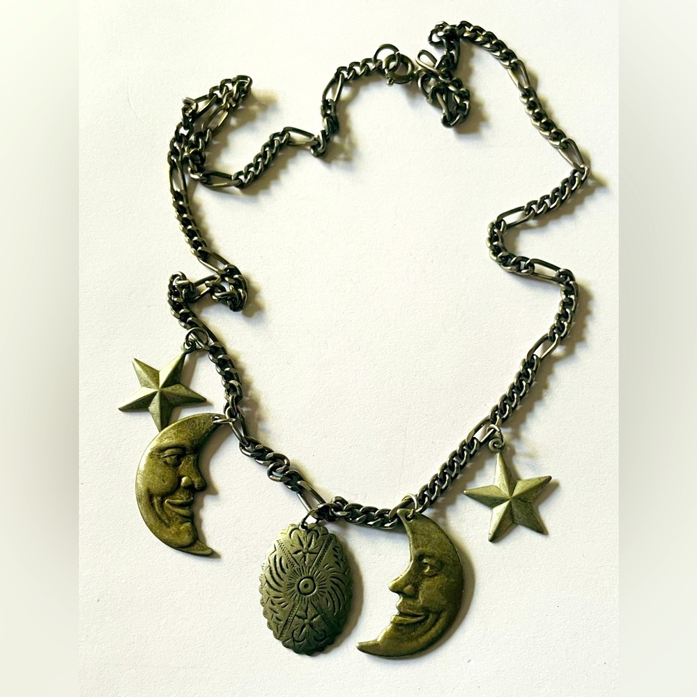 Vintage silver figaro necklace with sun, moon, southwestern charms, bohemian